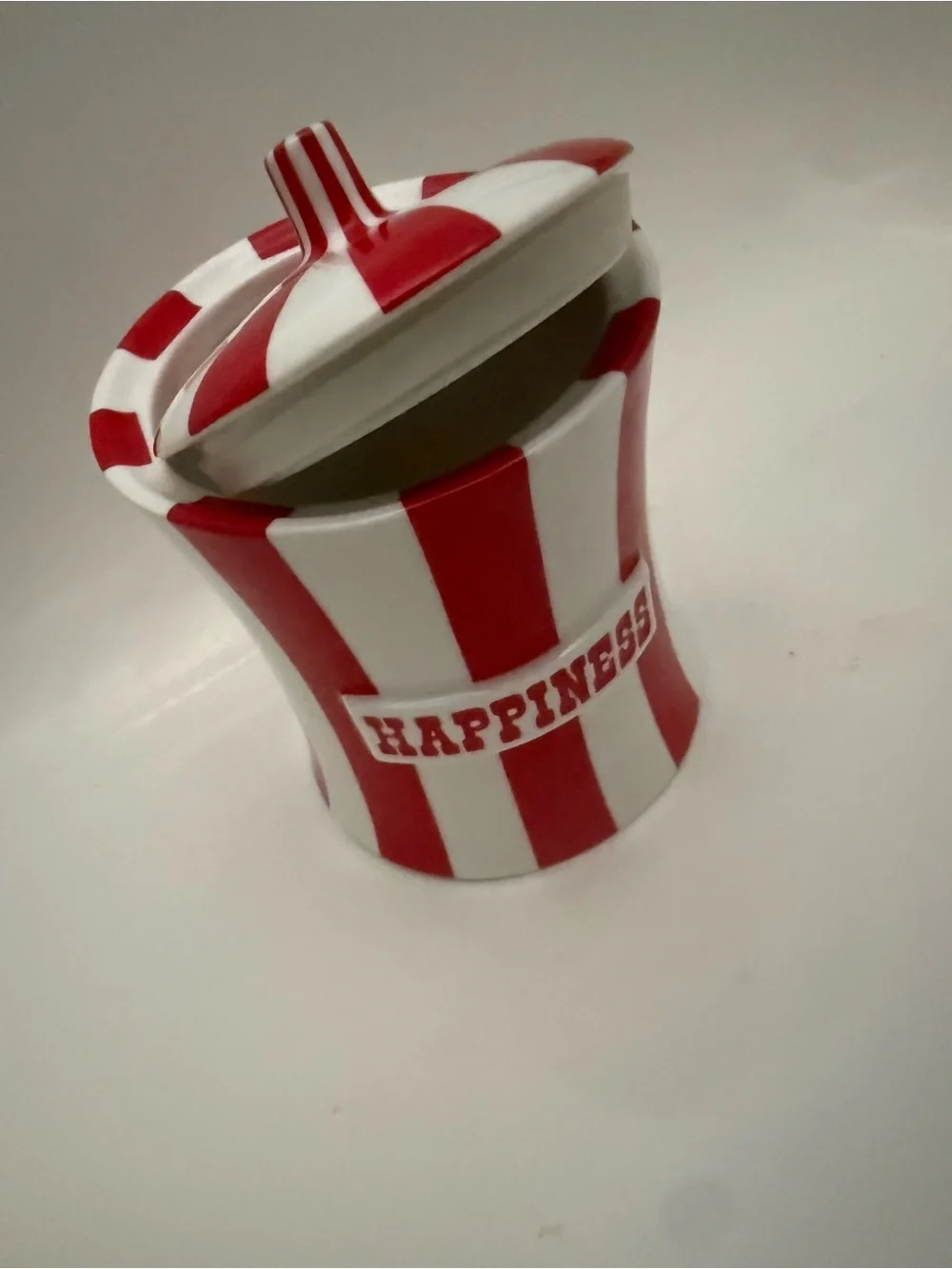 Jonathan Adler Red and White Striped 'HAPPINESS' Ceramic Jar